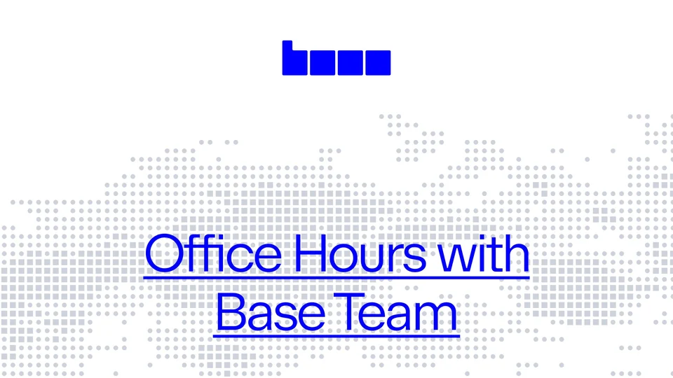 Base logo above the words Office Hours with Base Team in blue, over a light grey pixel map on a white background