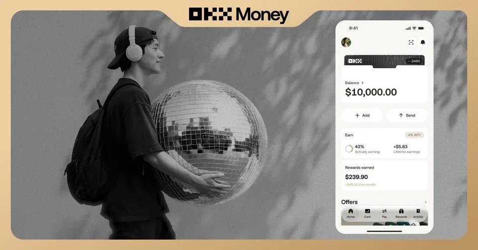 OKX Money launch artwork with a person and app mockup; displayed balance and 4% APY are illustrative.
