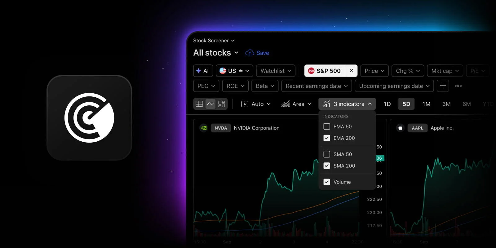 TradingView official artwork for TradingView adds shared moving-average overlays to Screener mini charts