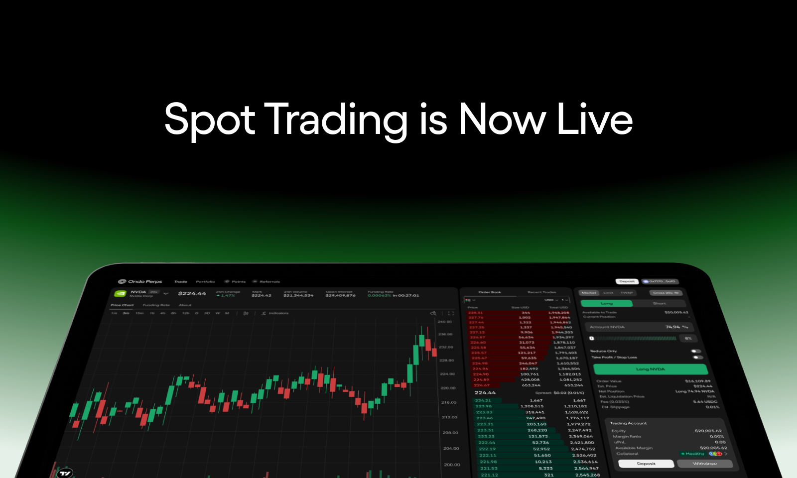Official Ondo Perps launch graphic with its trading interface