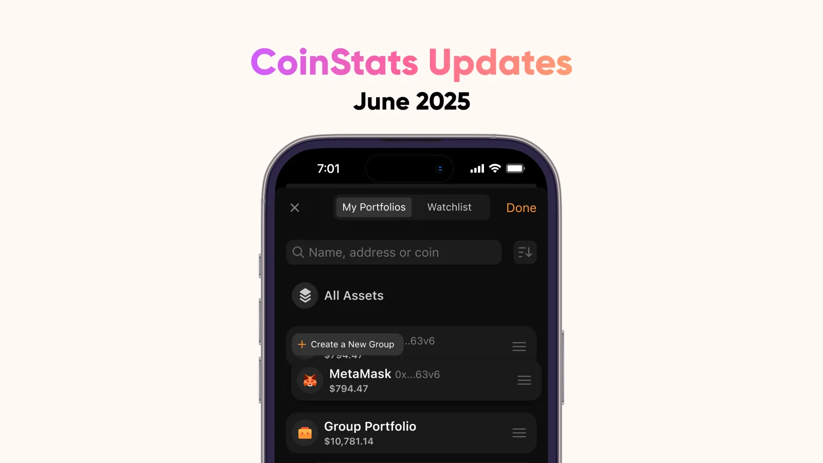 CoinStats official artwork for CoinStats adds portfolio groups, sorting and clearer total-balance controls