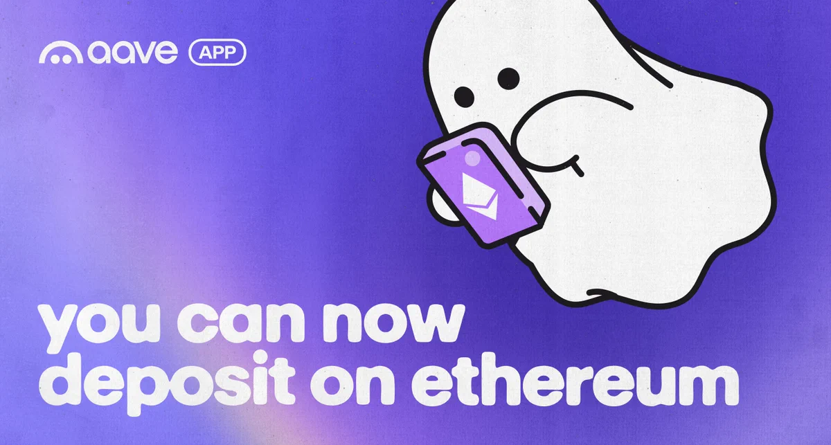 Aave App ghost holding a phone with the Ethereum symbol