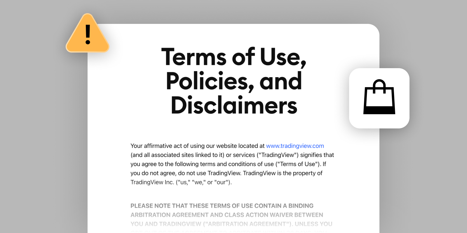 TradingView policy document artwork with a warning symbol and shopping bag